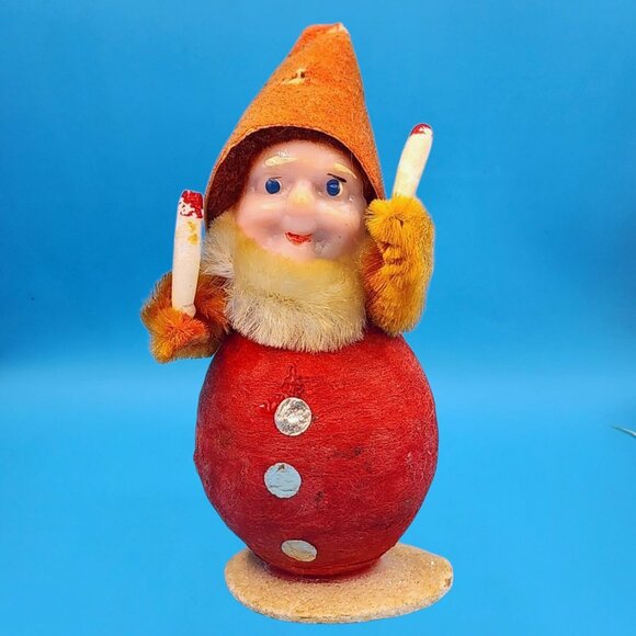 Vintage 1950s Putz Elf Japan Red Spun Cotton Chenille Arms Holding Candles Mica - Picture 2 of 7